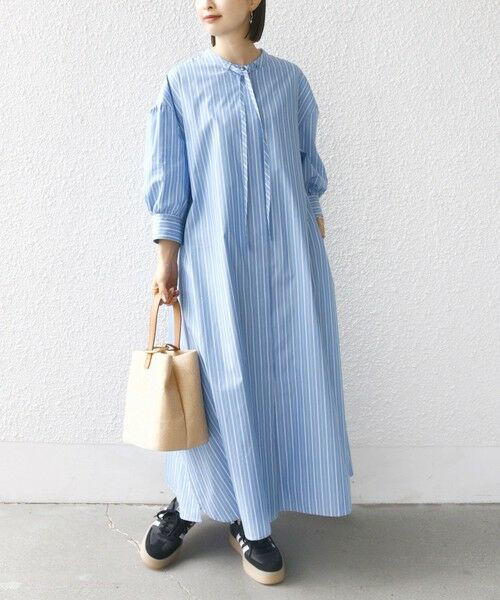 SHIPS / シップス ロング・マキシ丈ワンピース | 〈手洗い可能〉スタンドカラー リボン ストライプ シャツ ワンピース | 詳細8