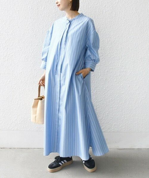 SHIPS / シップス ロング・マキシ丈ワンピース | 〈手洗い可能〉スタンドカラー リボン ストライプ シャツ ワンピース | 詳細9