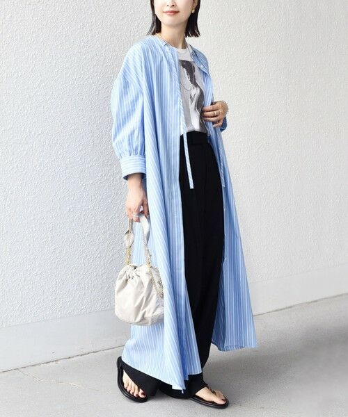 SHIPS for women/シップスウィメン 〈手洗い可能〉スタンドカラー リボン ストライプ シャツ ワンピース ブルー ONE SIZE SHIPS for women/シップスウィメン 〈手洗い可能〉スタンドカラー リボン ストライプ シャツ ワンピース ブルー ONE SIZE