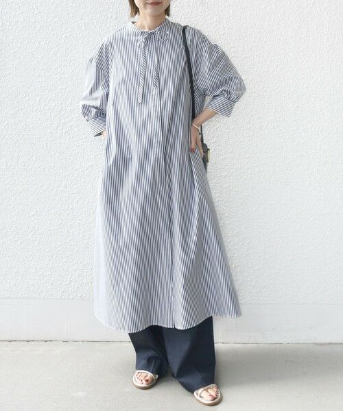 SHIPS / シップス ロング・マキシ丈ワンピース | 〈手洗い可能〉スタンドカラー リボン ストライプ シャツ ワンピース | 詳細30