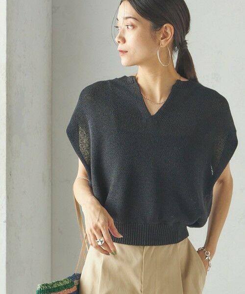 SHIPS for women/シップスウィメン 《予約》〈手洗い可能〉ポリエステル 麻 スキッパー プルオーバー ブラック ONE SIZE SHIPS for women/シップスウィメン 《予約》〈手洗い可能〉ポリエステル 麻 スキッパー プルオーバー ブラック ONE SIZE