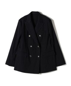 SHIPS / シップス テーラードジャケット | SHIPS Primary Navy Label:麻混 ストライプ ストレッチ ダブル ジャケット
