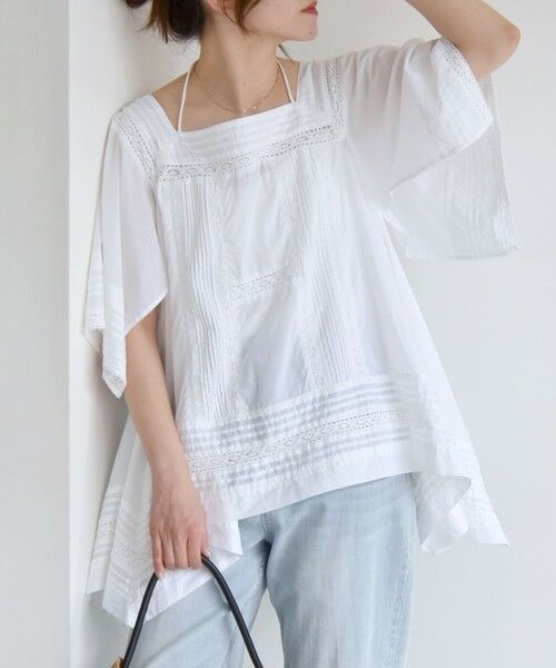 SHIPS for women/シップスウィメン quaranciel:〈洗濯機可能〉コットン レース ライン スクエア ネック ブラウス ホワイト ONE SIZE SHIPS for women/シップスウィメン quaranciel:〈洗濯機可能〉コットン レース ライン スクエア ネック ブラウス ホワイト ONE SIZE