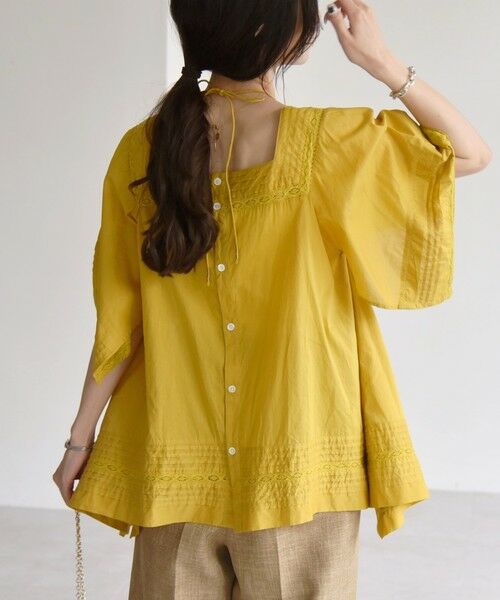 SHIPS for women/シップスウィメン quaranciel:〈洗濯機可能〉コットン レース ライン スクエア ネック ブラウス イエロー ONE SIZE SHIPS for women/シップスウィメン quaranciel:〈洗濯機可能〉コットン レース ライン スクエア ネック ブラウス イエロー ONE SIZE