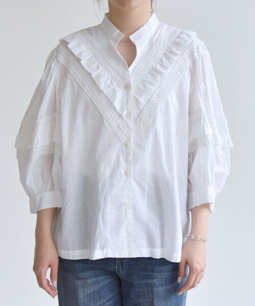 Wanderclad etc..のフリルカラーパフスリーブ　白　コットンブラウス Wanderclad etc..のフリルカラーパフスリーブ 白 コットンブラウス