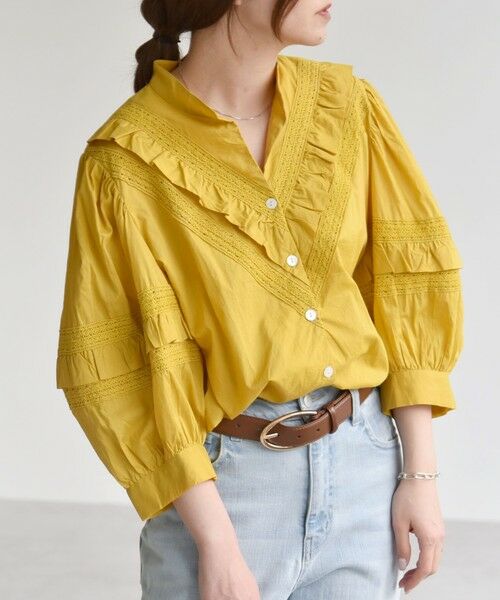 SHIPS for women/シップスウィメン quaranciel:〈洗濯機可能〉コットン レース ライン フリル パフスリーブ ブラウス イエロー ONE SIZE SHIPS for women/シップスウィメン quaranciel:〈洗濯機可能〉コットン レース ライン フリル パフスリーブ ブラウス イエロー ONE SIZE