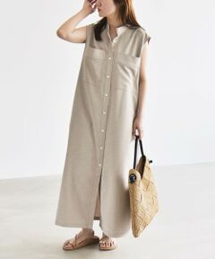 SHIPS / シップス ロング・マキシ丈ワンピース | quaranciel:〈洗濯機可能〉ウーステッド ノースリーブ バンドカラー シャツ ワンピース