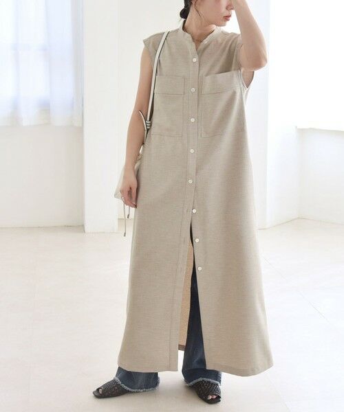 SHIPS / シップス ロング・マキシ丈ワンピース | quaranciel:〈洗濯機可能〉ウーステッド ノースリーブ バンドカラー シャツ ワンピース | 詳細9