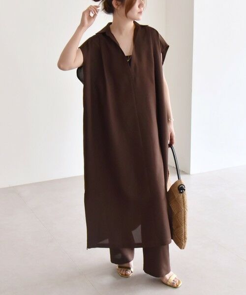 SHIPS / シップス ロング・マキシ丈ワンピース | quaranciel:〈洗濯機可能〉リネン ライク スキッパー シャツ ワンピース＆パンツ セットアップ | 詳細11