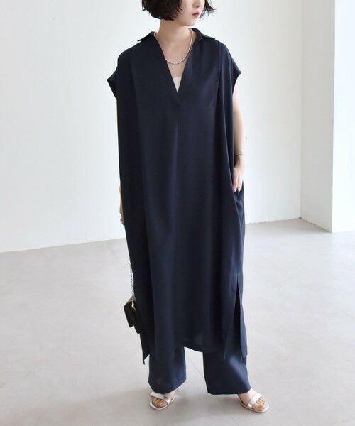 SHIPS / シップス ロング・マキシ丈ワンピース | quaranciel:〈洗濯機可能〉リネン ライク スキッパー シャツ ワンピース＆パンツ セットアップ | 詳細23