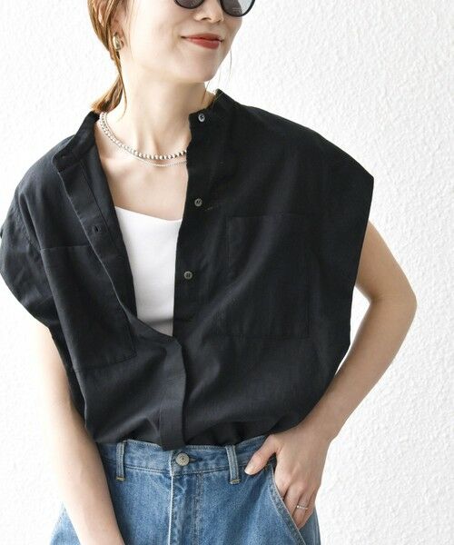 SHIPS for women/シップスウィメン 《予約》SHIPS any:〈洗濯機可能〉リネン コットン フレンチスリーブ ポケット シャツ ブラック ONE SIZE SHIPS for women/シップスウィメン 《予約》SHIPS any:〈洗濯機可能〉リネン コットン フレンチスリーブ ポケット シャツ ブラック ONE SIZE
