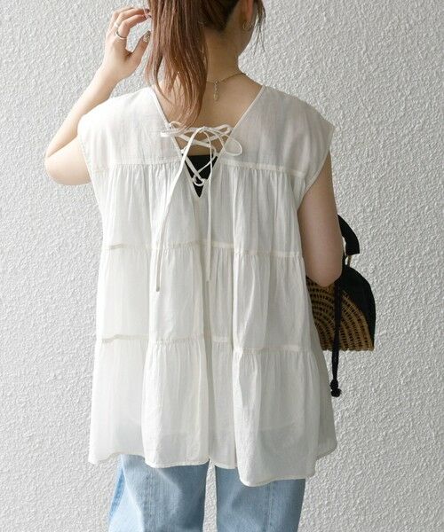 SHIPS / シップス シャツ・ブラウス | SHIPS any:〈手洗い可能〉箔 ティアード レースアップ フレンチスリーブ ブラウス | 詳細3