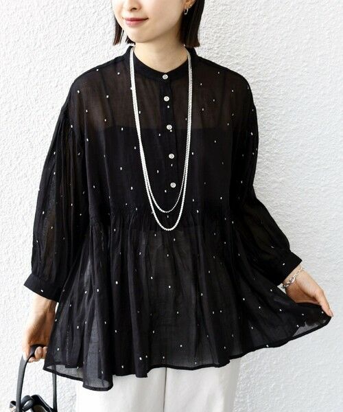 SHIPS / シップス シャツ・ブラウス | 〈手洗い可能〉コットン オーガンジー 刺繍 ギャザー ブラウス（ブラック）