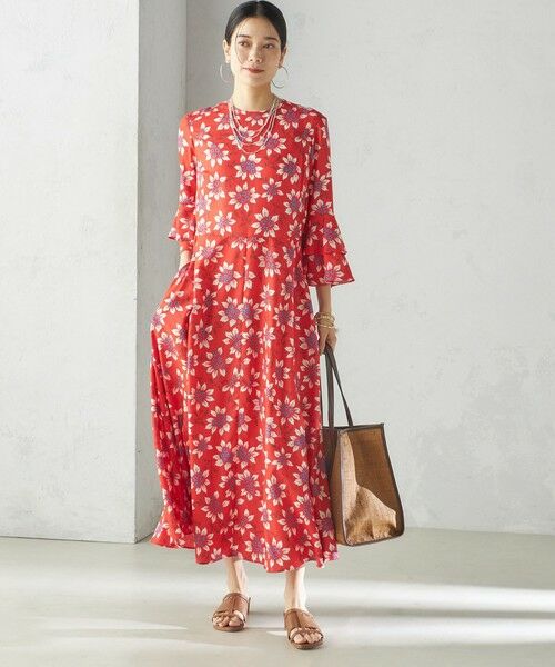 【春コーデ❤️フローラルプリント♡ワンピ】可愛いピンク♡ロングワンピ セール】 小泉里子コラボ:〈手洗い可能〉フラワー プリント