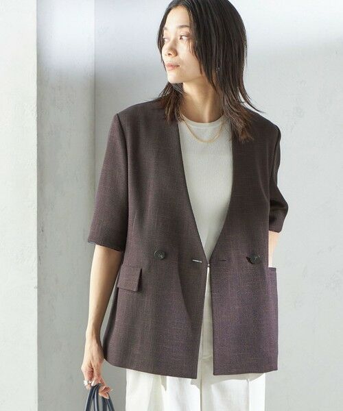 SHIPS for women/シップスウィメン 《予約》〈手洗い可能〉カラミ ノーラペル 半袖 ジャケット ブラウン ONE SIZE SHIPS for women/シップスウィメン 《予約》〈手洗い可能〉カラミ ノーラペル 半袖 ジャケット ブラウン ONE SIZE