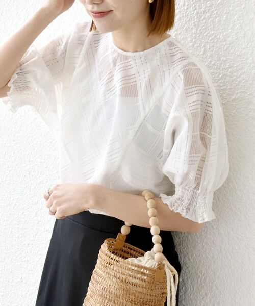 SHIPS for women/シップスウィメン SHIPS any:〈洗濯機可能〉シアー チェック ドルマン シャーリング パフ ブラウス ホワイト ONE SIZE