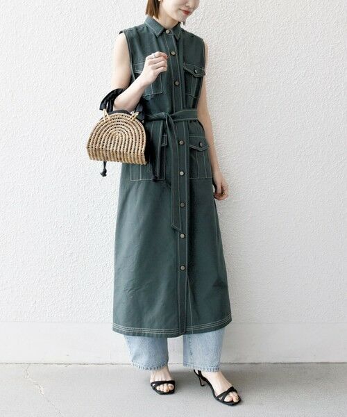 2023SS JAPAN DENIM ノースリーブステッチワンピース マキシ丈 セール】 SHIPS any:〈洗濯機可能〉オックス ステッチ