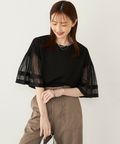 SHIPS / シップス カットソー | SHIPS Colors:〈手洗い可能〉ジョーゼット チュールスリーブ トップス（ブラック）