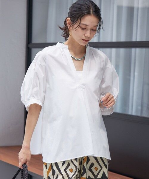 ブラウス シャツ 「接触冷感 / 撥水加工」TEX BRID(R)タフタ スキッパー 5分袖 ブラウス レディース SHIPS｜<接触冷感 / 撥水加工>TEX BRID(R)タフタ スキッパー 5分