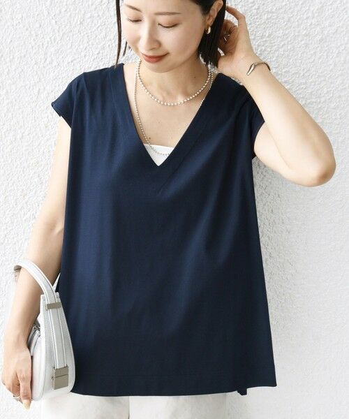 SHIPS for women/シップスウィメン 〈手洗い可能〉スムース Vネック フレンチ スリーブ ネイビー ONE SIZE SHIPS for women/シップスウィメン 〈手洗い可能〉スムース Vネック フレンチ スリーブ ネイビー ONE SIZE