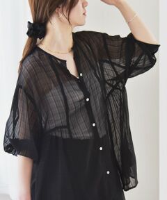 SHIPS / シップス シャツ・ブラウス | quaranciel:〈手洗い可能〉シアー チェック ノーカラー ハーフスリーブ ブラウス