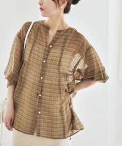 SHIPS / シップス シャツ・ブラウス | quaranciel:〈手洗い可能〉シアー チェック ノーカラー ハーフスリーブ ブラウス