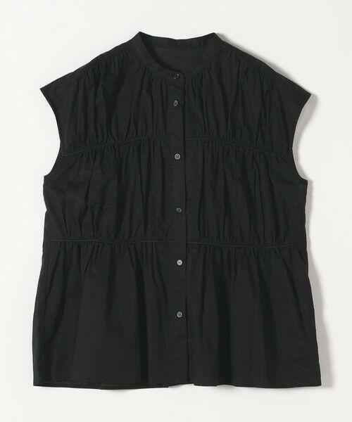 【美品】Squady バンドカラー コットン シアーギャザーシャツ ブラック quaranciel:〈手洗い可能〉コットンボイル シアー ギャザー
