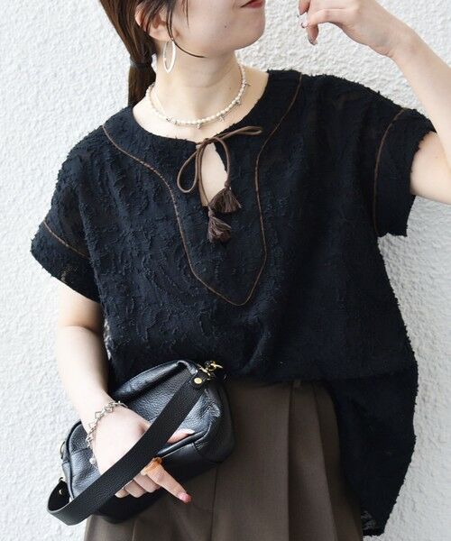 SHIPS / シップス シャツ・ブラウス | 《追加予約》SHIPS any:〈手洗い可能〉メッシュ ジャカード カフタン スキッパー ブラウス（ブラック）