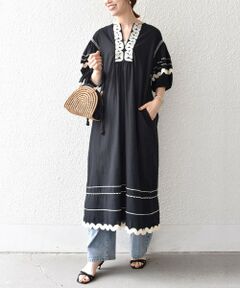 SHIPS / シップス ロング・マキシ丈ワンピース | bon_meur:〈洗濯機可能〉ジオメトリック エンブロイダリー パフ マキシ ワンピース