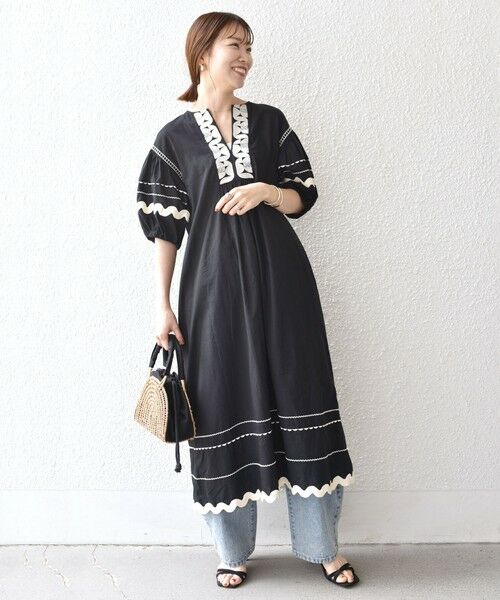 SHIPS / シップス ロング・マキシ丈ワンピース | bon_meur:〈洗濯機可能〉ジオメトリック エンブロイダリー パフ マキシ ワンピース | 詳細1