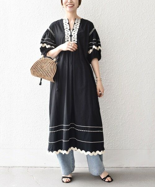 SHIPS / シップス ロング・マキシ丈ワンピース | bon_meur:〈洗濯機可能〉ジオメトリック エンブロイダリー パフ マキシ ワンピース | 詳細2