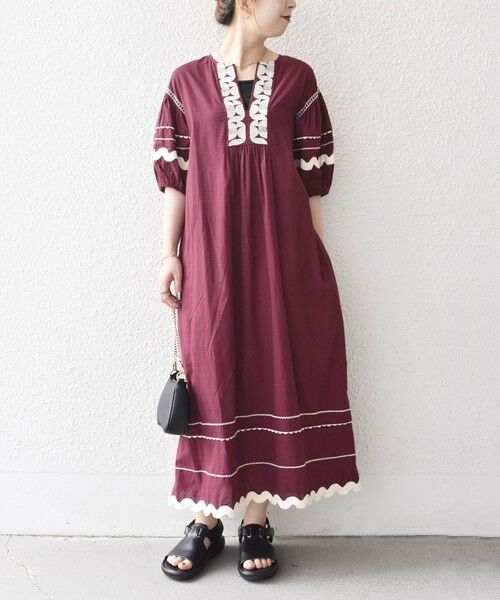 SHIPS for women/シップスウィメン bon_meur:〈洗濯機可能〉ジオメトリック エンブロイダリー パフ マキシ ワンピース ワイン ONE SIZE SHIPS for women/シップスウィメン bon_meur:〈洗濯機可能〉ジオメトリック エンブロイダリー パフ マキシ ワンピース ワイン ONE SIZE
