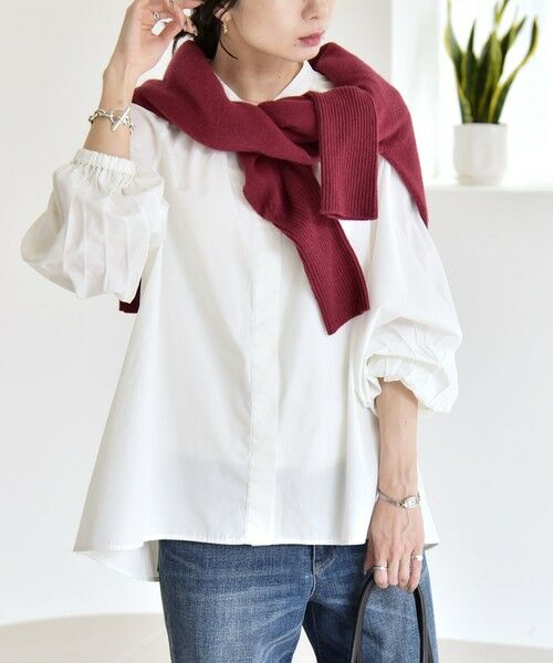 SHIPS for women/シップスウィメン quaranciel:〈洗濯機可能〉REPREVE バンドカラー ギャザー パフ シャツ ブラウス ホワイト ONE SIZE