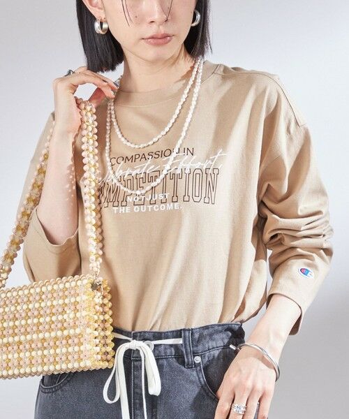 SHIPS / シップス カットソー(半袖以外) | 【SHIPS別注】Champion: プリント ロングスリーブ TEE(ベージュ)