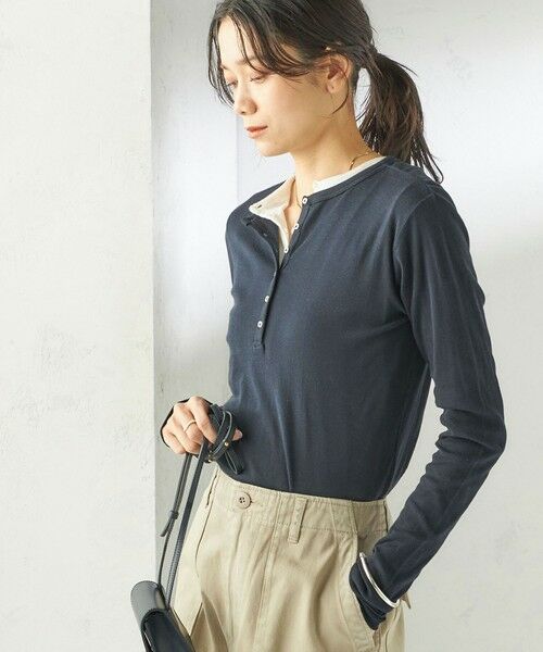 SHIPS / シップス Tシャツ | 【SHIPS別注】miller: シアー ヘンリー ネック ロング スリーブ TEE（ネイビー）