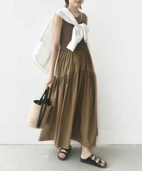 SHIPS for women/シップスウィメン 〈手洗い可能〉コットン リブ ノースリーブ × 布帛 スカート ワンピース ブラウン ONE SIZE SHIPS for women/シップスウィメン 〈手洗い可能〉コットン リブ ノースリーブ × 布帛 スカート ワンピース ブラウン ONE SIZE
