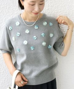 SHIPS / シップス ニット・セーター | 〈手洗い可能〉フラワー ビジュー ショート スリーブ ニット プルオーバー