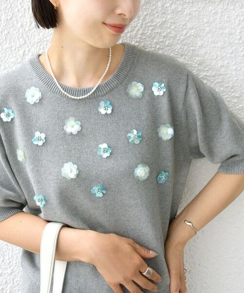 SHIPS / シップス ニット・セーター | 〈手洗い可能〉フラワー ビジュー ショート スリーブ ニット プルオーバー | 詳細9