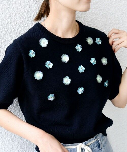 SHIPS / シップス ニット・セーター | 〈手洗い可能〉フラワー ビジュー ショート スリーブ ニット プルオーバー | 詳細25