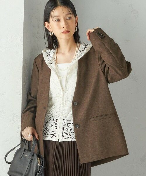 SHIPS / シップス ノーカラージャケット | 《一部追加予約》〈手洗い可能〉TUMUGITO(R) シャーク ツイード カラーレス ジャケット(ブラウン)