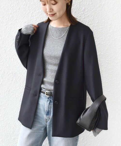 SHIPS / シップス ノーカラージャケット | 《一部追加予約》〈手洗い可能〉TUMUGITO(R) シャーク ツイード カラーレス ジャケット(ネイビー)