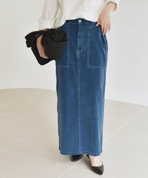 SHIPS / シップス ロング・マキシ丈スカート | quaranciel:〈洗濯機可能〉コットン ベロア インディゴ Iライン ストレート スカート | 詳細3