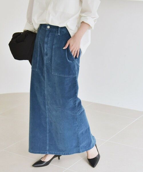 SHIPS / シップス ロング・マキシ丈スカート | quaranciel:〈洗濯機可能〉コットン ベロア インディゴ Iライン ストレート スカート | 詳細7