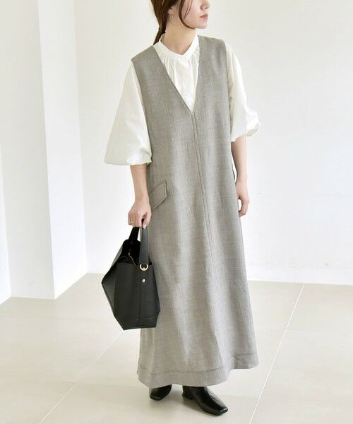 SHIPS / シップス ロング・マキシ丈ワンピース | quaranciel:〈洗濯機可能〉ウーステッド ステッチワーク ポケット フレア Vネック ワンピース | 詳細1