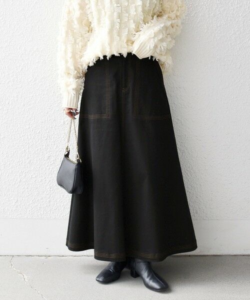 SHIPS / シップス ロング・マキシ丈スカート | 《一部予約》SHIPS any:〈洗濯機可能〉チノ ステッチ フレア ロング スカート(ブラック系)