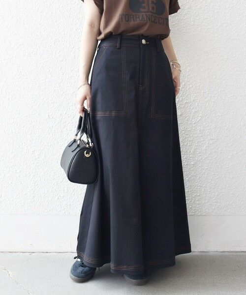 SHIPS / シップス ロング・マキシ丈スカート | 《一部予約》SHIPS any:〈洗濯機可能〉チノ ステッチ フレア ロング スカート(ブラック)