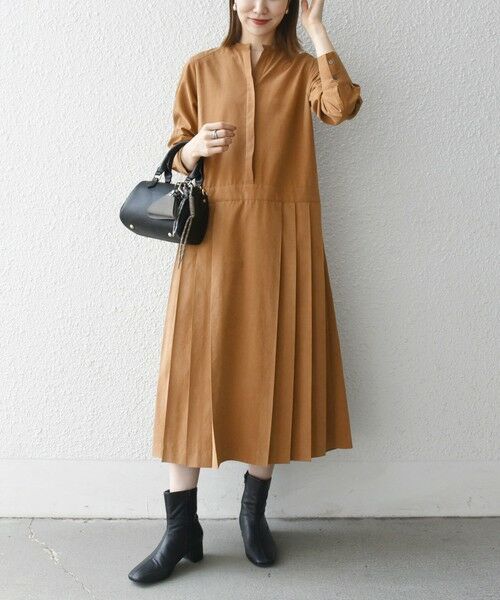 【専用】マイストラーダ　大人綺麗め　フロントプリーツシャツワンピース　キャメル 一部追加予約》SHIPS any:〈洗濯機可能〉ピーチスキン サイド