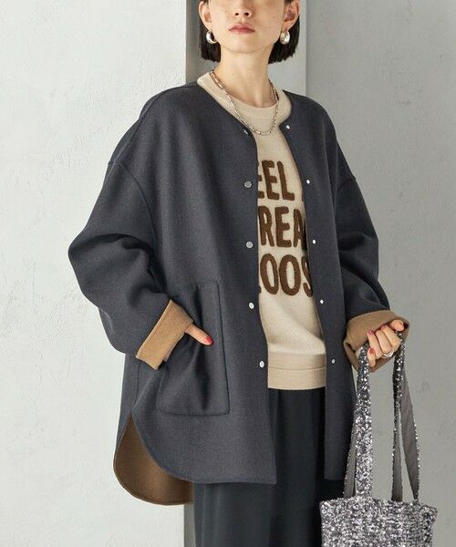 SHIPS for women/シップスウィメン 《予約》セミ 梳毛 配色 リバーシブル ノーカラー ショート コート ネイビー 38 SHIPS for women/シップスウィメン 《予約》セミ 梳毛 配色 リバーシブル ノーカラー ショート コート ネイビー 38