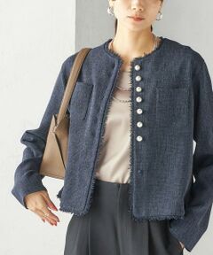 SHIPS / シップス ノーカラージャケット | 〈手洗い可能〉ストレッチ ツイード パール ボタン ジャケット