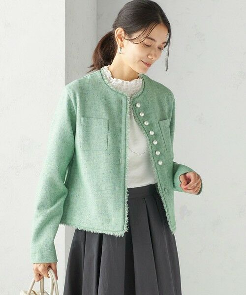 SHIPS / シップス ノーカラージャケット | 〈手洗い可能〉ストレッチ ツイード パール ボタン ジャケット | 詳細10